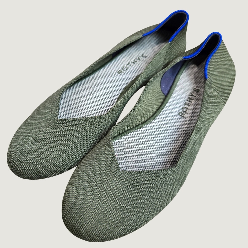 Rothys The Ballet Flat Point Olive Green Knit Round Toe Flats Shoes Womens 10